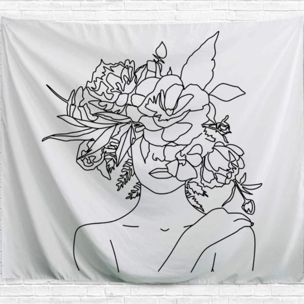 NWT Black & White Floral Woman Line Art Tapestry